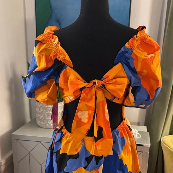 Vibrant Orange and Blue Midi Dress - Picture 4 of 9